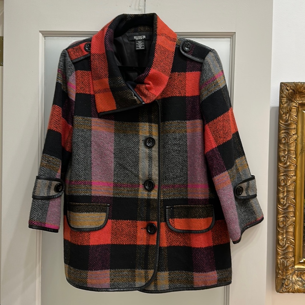 Plaid poly/wool jacket with leather trim detail